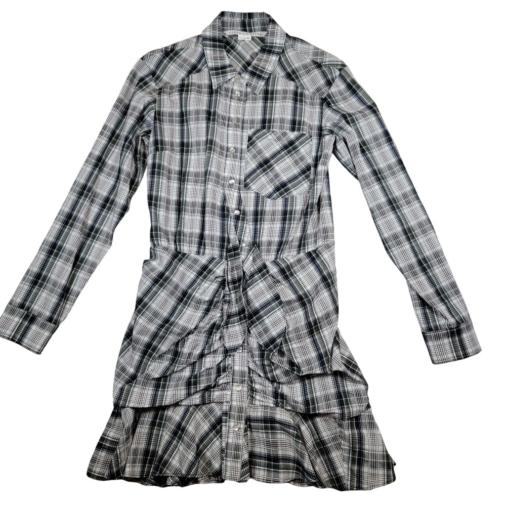 Veronica Beard Valle Plaid Mini Dress Women's Sz 4‎ White Black Pearlsnap Ruched
